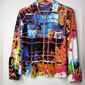 Tracy M Vibrant Abstract Zip-Up Jacket Shirt with Two Snap Button Front Pockets.